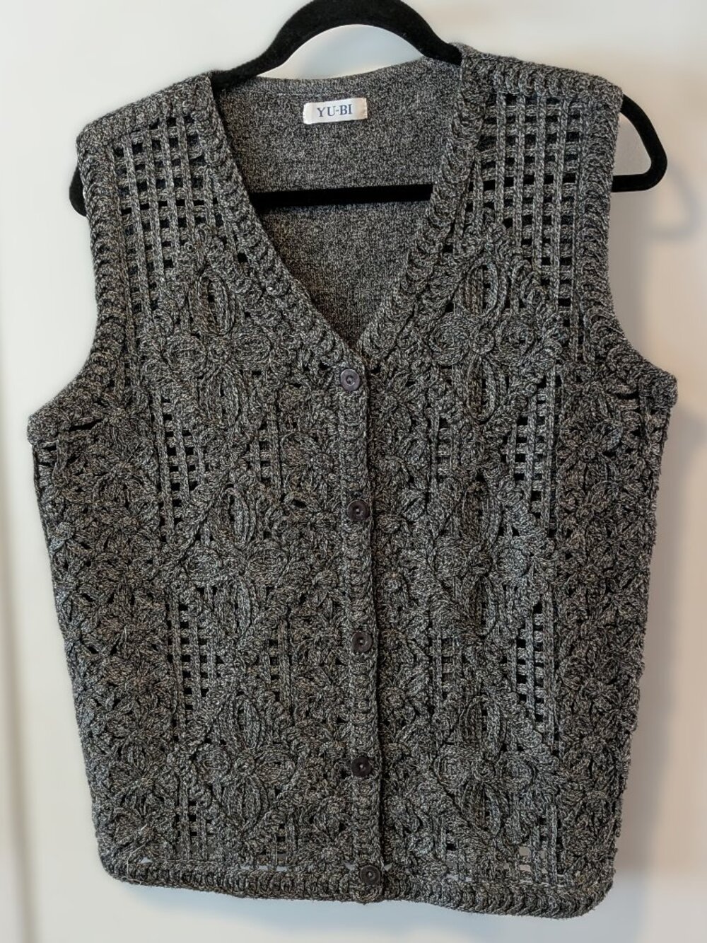YU-BI Vintage 90s Knit Vest Grey Floral Crochet Button Up - Large
